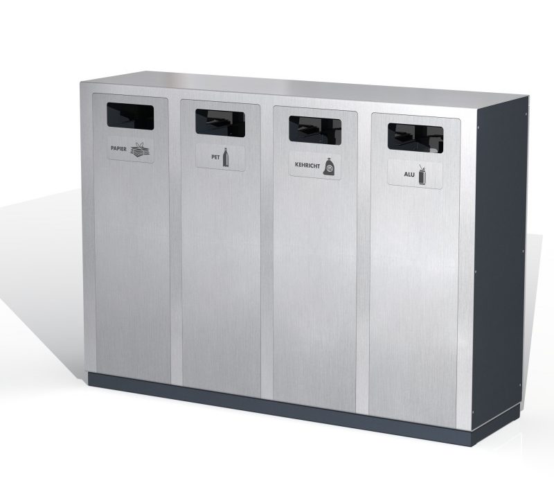 W3 Recycling Station, Wertstofftrenner, Abfallbehälter, Public Waste Bins, Poubelle Recyclage, 110l, PET Recycling, Edelstahl Recyclingstation, Recyclingbox