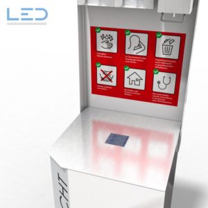 Hygienestation mit UVC LED zur Desinfektion von COVID 19 Viren und Bakterien, Schutzkonzept für den Einzelhandel mit Desinfektionsmittel, Desinfektionssäule